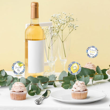 24 Pcs Blue White Tiles Lemon Cupcake Topper Sweet Fruit Theme Summer Lemonade Cupcake Picks for Wedding Engagement Bridal Shower Bachelorette Party Decorations