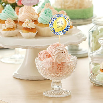 24 Pcs Blue White Tiles Lemon Cupcake Topper Sweet Fruit Theme Summer Lemonade Cupcake Picks for Wedding Engagement Bridal Shower Bachelorette Party Decorations