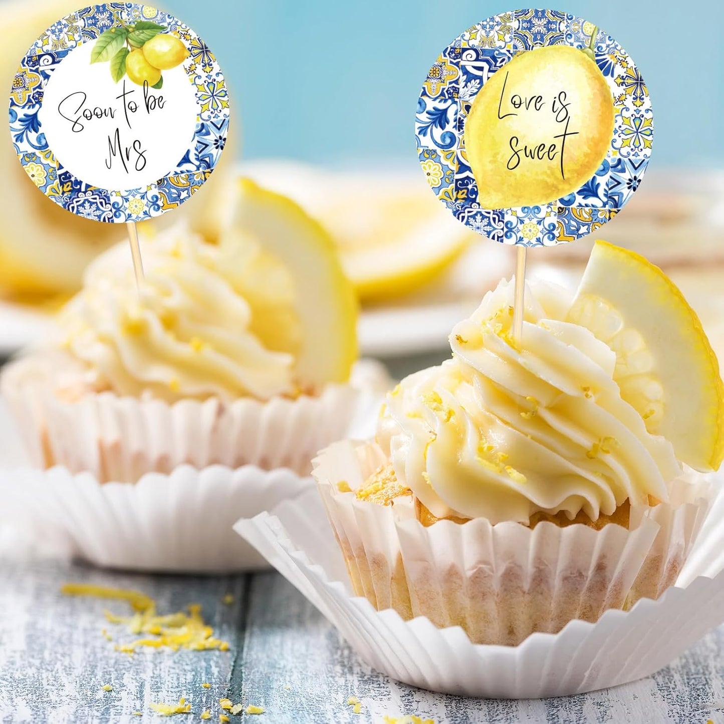 24 Pcs Blue White Tiles Lemon Cupcake Topper Sweet Fruit Theme Summer Lemonade Cupcake Picks for Wedding Engagement Bridal Shower Bachelorette Party Decorations