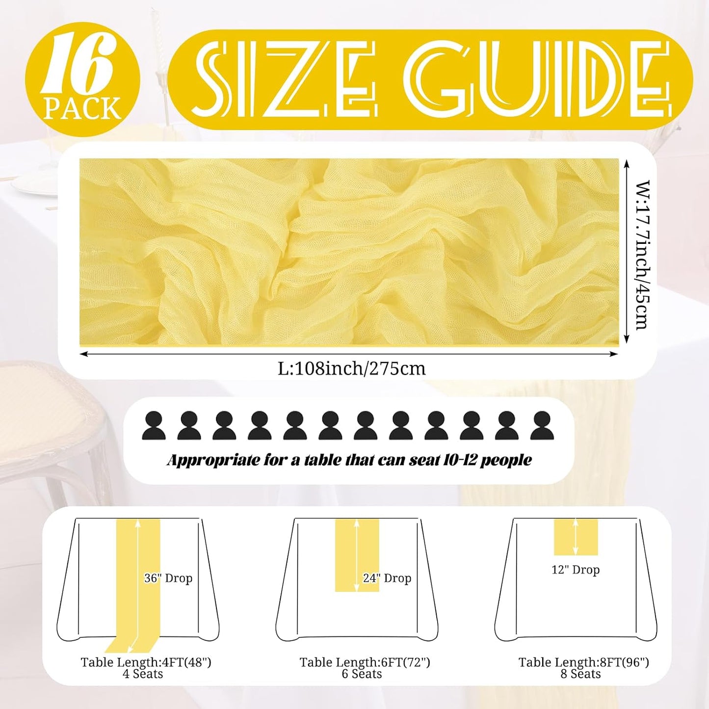 16 Pack Light Yellow Cheesecloth Table Runner 17 x 108 Inch Light Yellow Boho Gauze Cheese Cloth Table Runner Sheer Fabric Rustic Romantic Wedding Table Decor for Wedding Bridal Baby Shower Party