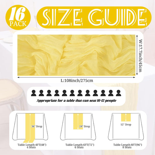 16 Pack Light Yellow Cheesecloth Table Runner 17 x 108 Inch Light Yellow Boho Gauze Cheese Cloth Table Runner Sheer Fabric Rustic Romantic Wedding Table Decor for Wedding Bridal Baby Shower Party