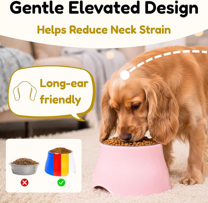 Elevated Dog Bowl, Melamine Raised Dog Food Bowl for Long-Eared Dogs, Stainless Steel Inner Bowl, Non-Slip Base (Yellow, M (420 ML / 2 Cups))