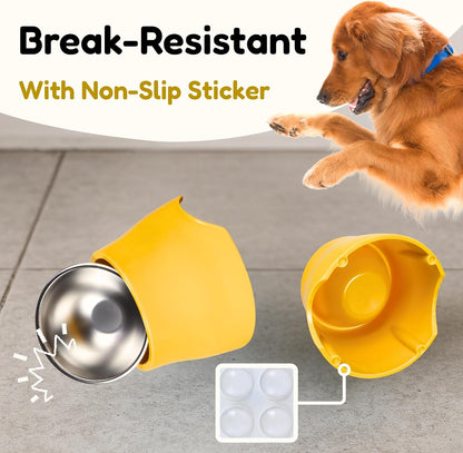 Elevated Dog Bowl, Melamine Raised Dog Food Bowl for Long-Eared Dogs, Stainless Steel Inner Bowl, Non-Slip Base (Yellow, M (420 ML / 2 Cups))
