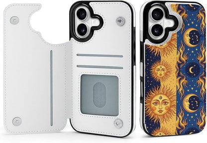 Compatible for iPhone 17 Series Flip Wallet Case Cover with TPU Framework and Card Holder, Blue Yellow Sun Moon Art