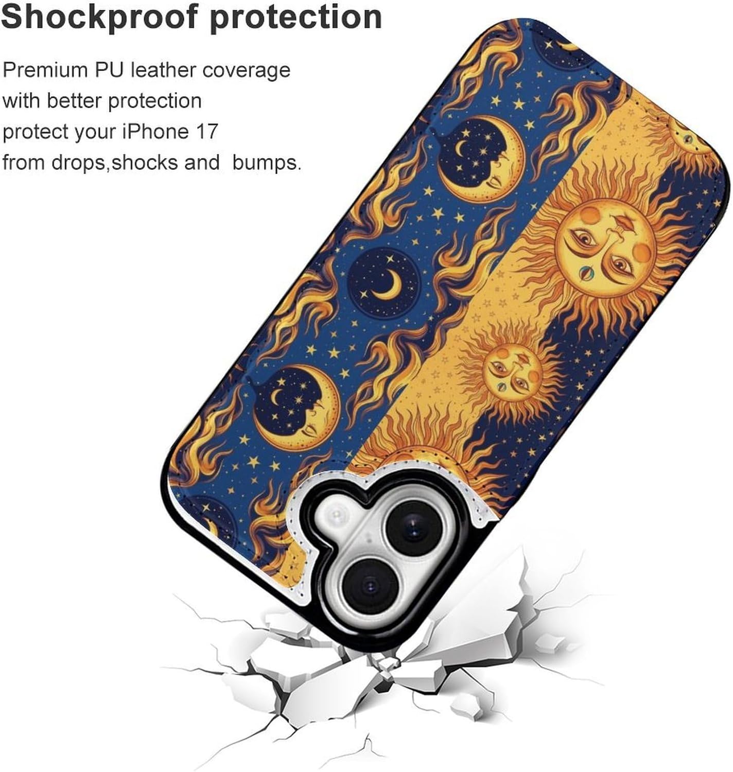 Compatible for iPhone 17 Series Flip Wallet Case Cover with TPU Framework and Card Holder, Blue Yellow Sun Moon Art