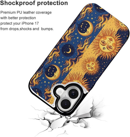 Compatible for iPhone 17 Series Flip Wallet Case Cover with TPU Framework and Card Holder, Blue Yellow Sun Moon Art
