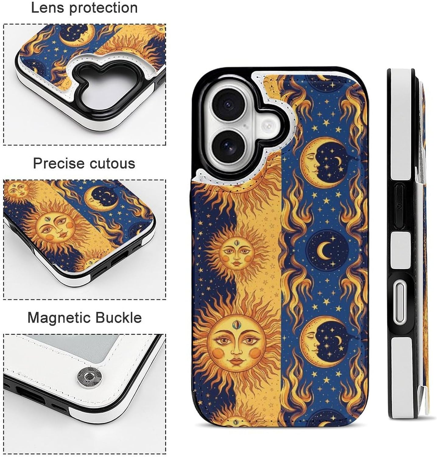 Compatible for iPhone 17 Series Flip Wallet Case Cover with TPU Framework and Card Holder, Blue Yellow Sun Moon Art