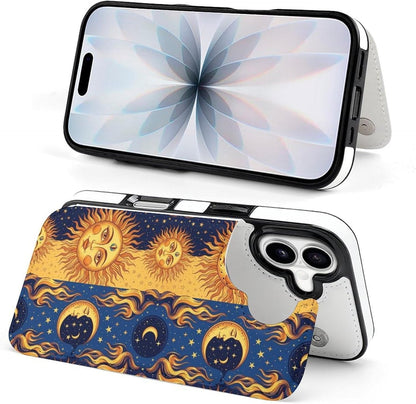 Compatible for iPhone 17 Series Flip Wallet Case Cover with TPU Framework and Card Holder, Blue Yellow Sun Moon Art