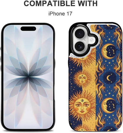 Compatible for iPhone 17 Series Flip Wallet Case Cover with TPU Framework and Card Holder, Blue Yellow Sun Moon Art