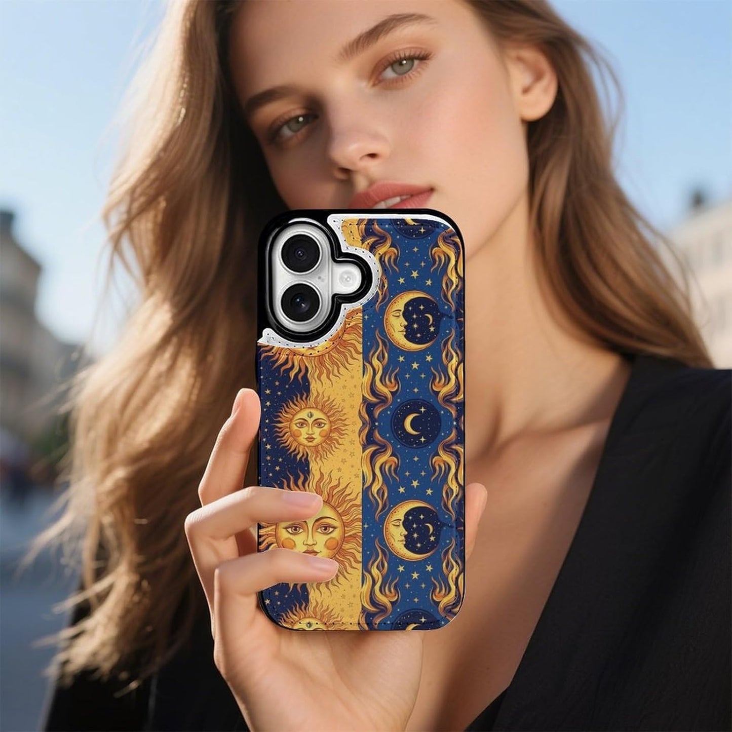 Compatible for iPhone 17 Series Flip Wallet Case Cover with TPU Framework and Card Holder, Blue Yellow Sun Moon Art