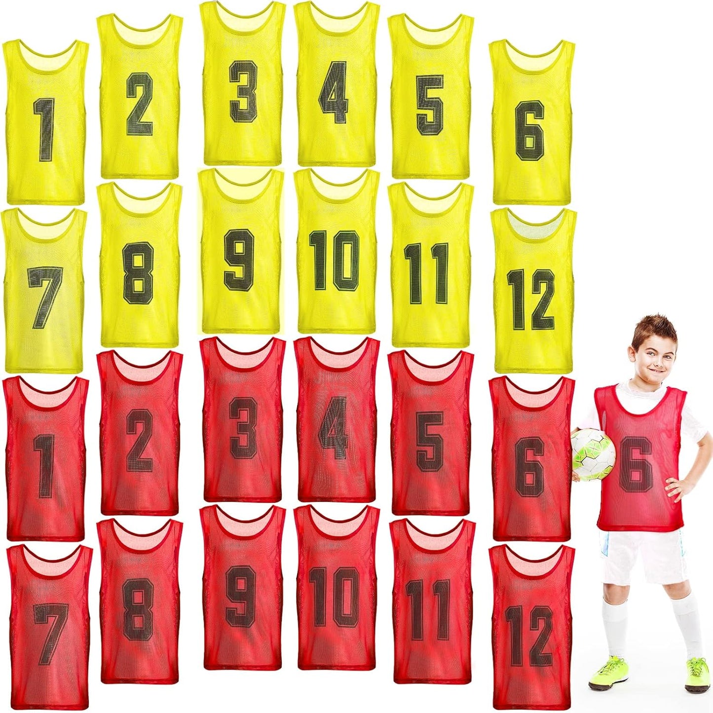 24 Pcs Youth Pinnies Soccer Pinnies Training Vest Adult Mesh Reversible Numbered Football Jersey