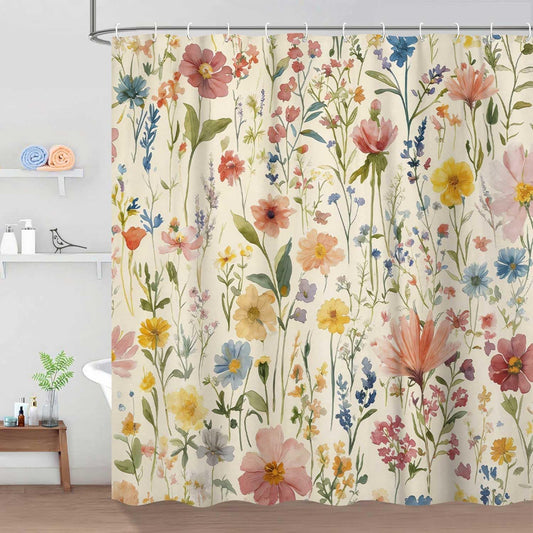 Floral Shower Curtain, Light Yellow Background Vintage Flower Watercolor Plant Polyester Fabric Curtains, Boho Colorful Wildflower Floral Shower Curtains for Bathroom, with Hooks 72x72 Inch