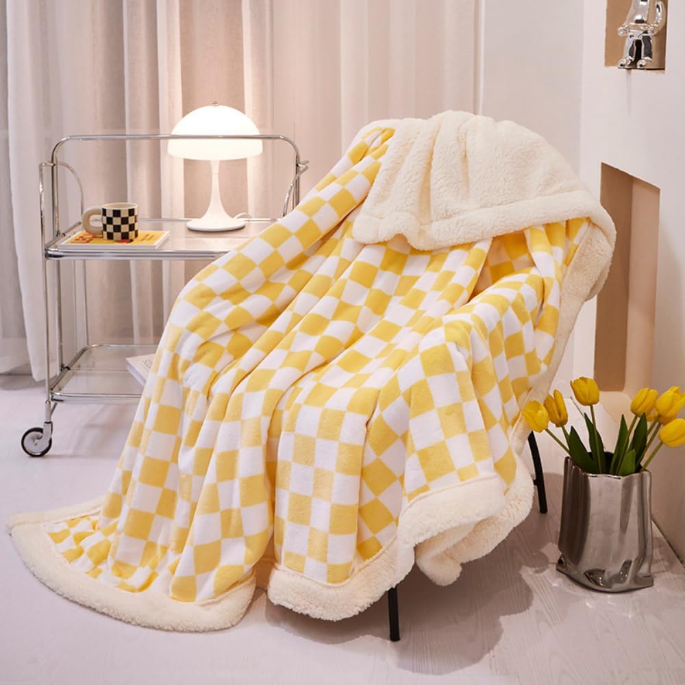 Throw Blanket Faux Fur for Couch&Bed Chair in Garden Outdoor, Cozy Warm Decoration Knit Blanket for Sofa Bedroom Living Room (59"x 79",Yellow)
