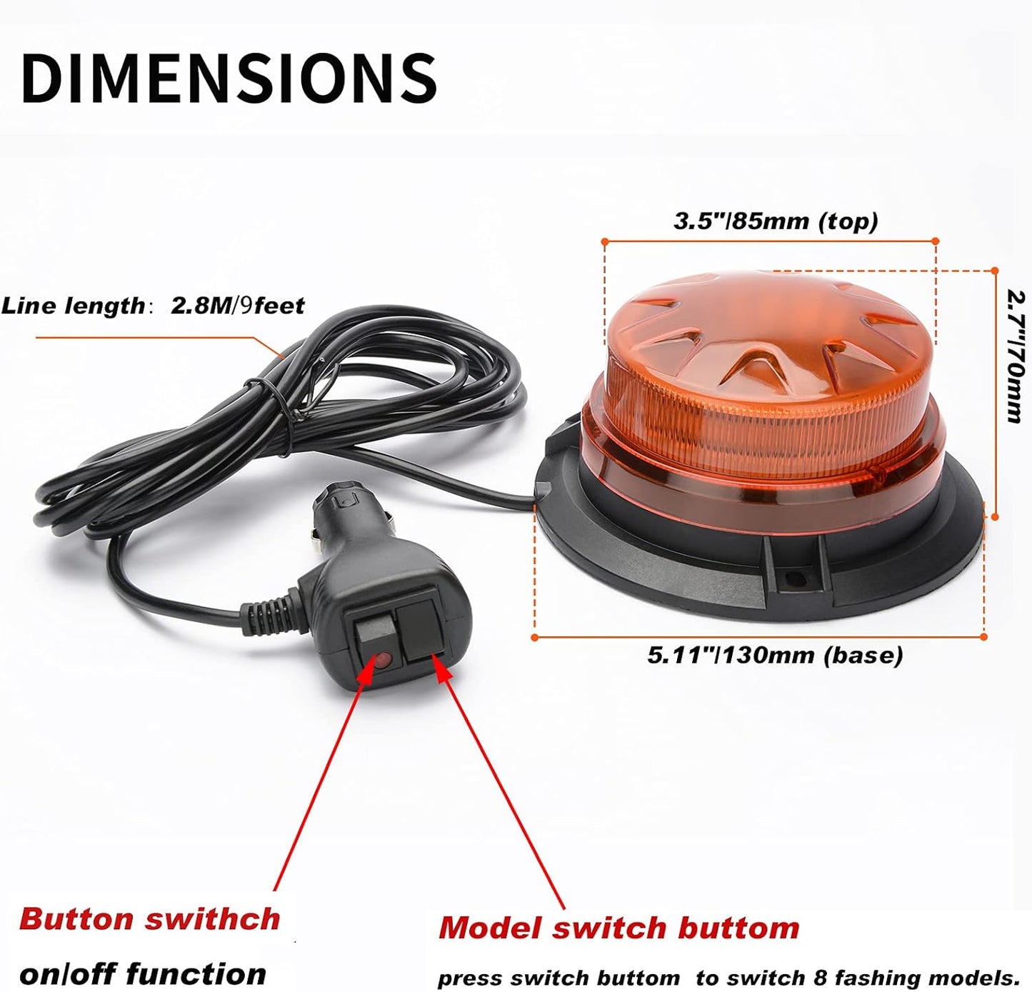 Amber Led Emergency Strobe Beacon Lights Bar with Magnetic Mount and 8 Flash Models Yellow Warning Safety Rooftop Signal Lamps Vehicles Forklift Truck Tractor Golf Car Carts (24-LED 12V-24V)