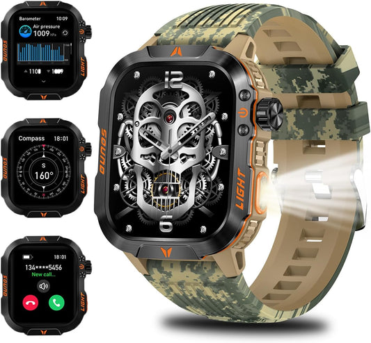 Military Outdoor Watch Altimeter Barometer Compass Tactical Smart Fitness Watch Heart Rate Sleep Monitor 100+ Sport Modes Fitness Available for Android and iOS (Camouflage Yellow)