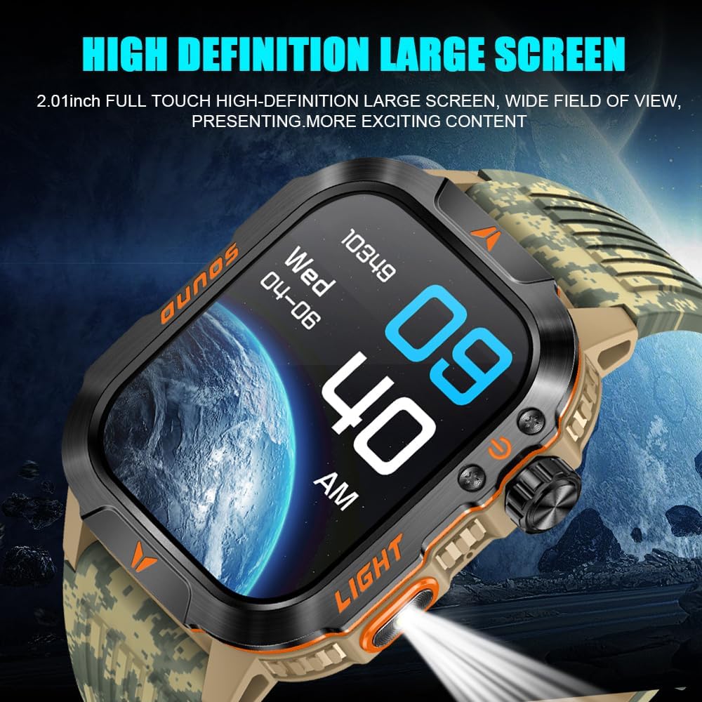 Military Outdoor Watch Altimeter Barometer Compass Tactical Smart Fitness Watch Heart Rate Sleep Monitor 100+ Sport Modes Fitness Available for Android and iOS (Camouflage Yellow)