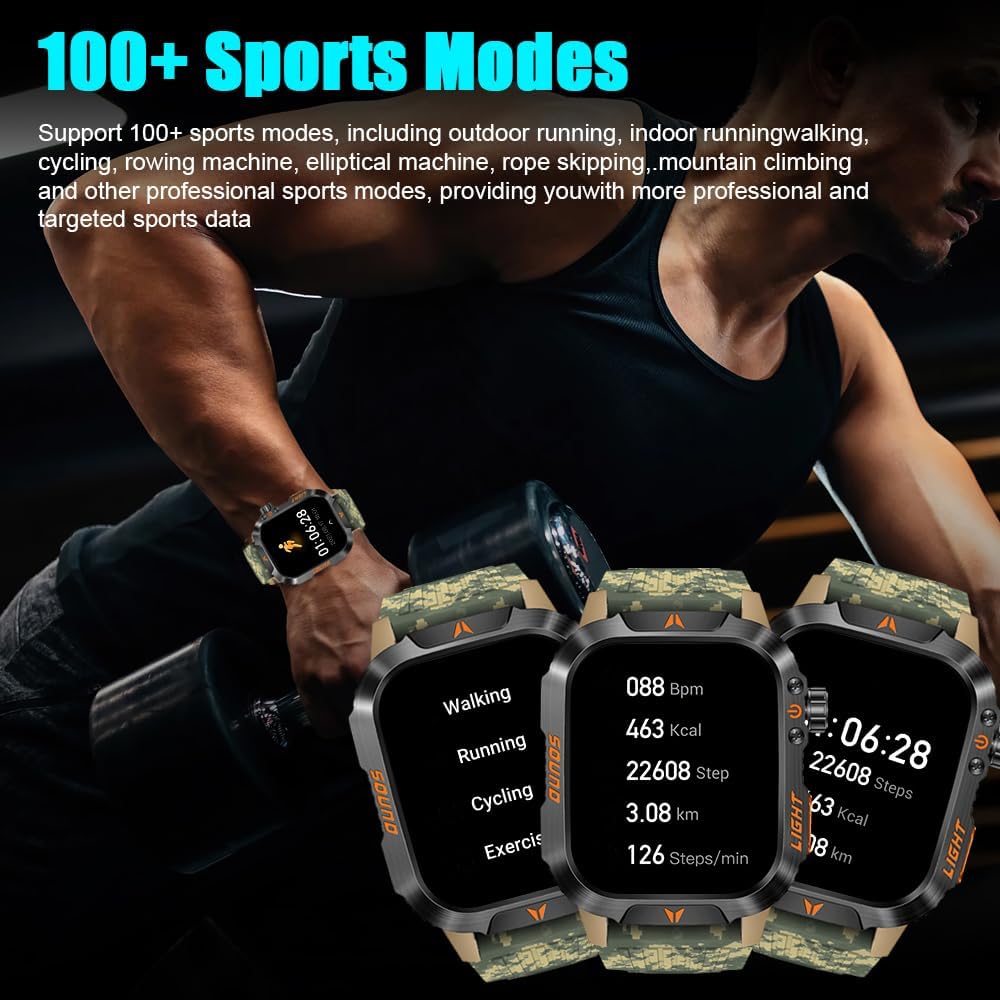 Military Outdoor Watch Altimeter Barometer Compass Tactical Smart Fitness Watch Heart Rate Sleep Monitor 100+ Sport Modes Fitness Available for Android and iOS (Camouflage Yellow)