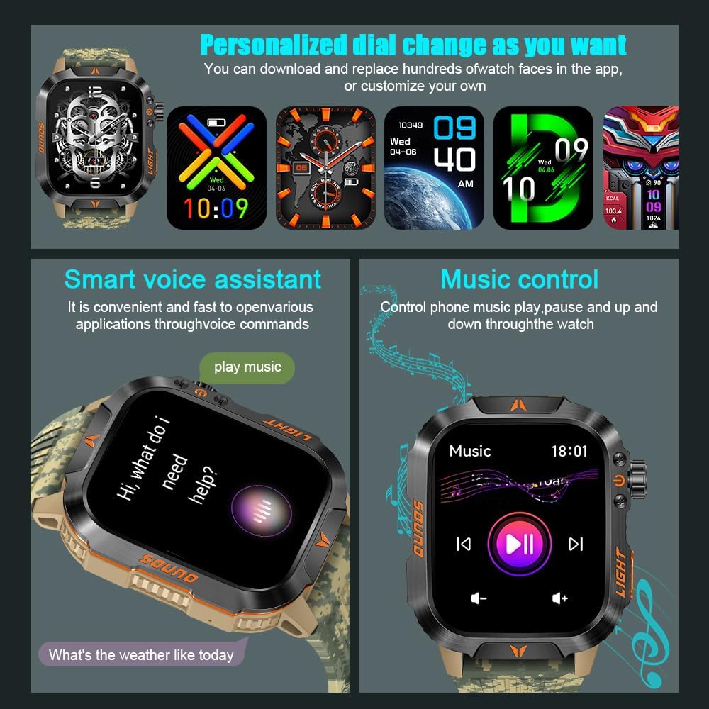 Military Outdoor Watch Altimeter Barometer Compass Tactical Smart Fitness Watch Heart Rate Sleep Monitor 100+ Sport Modes Fitness Available for Android and iOS (Camouflage Yellow)