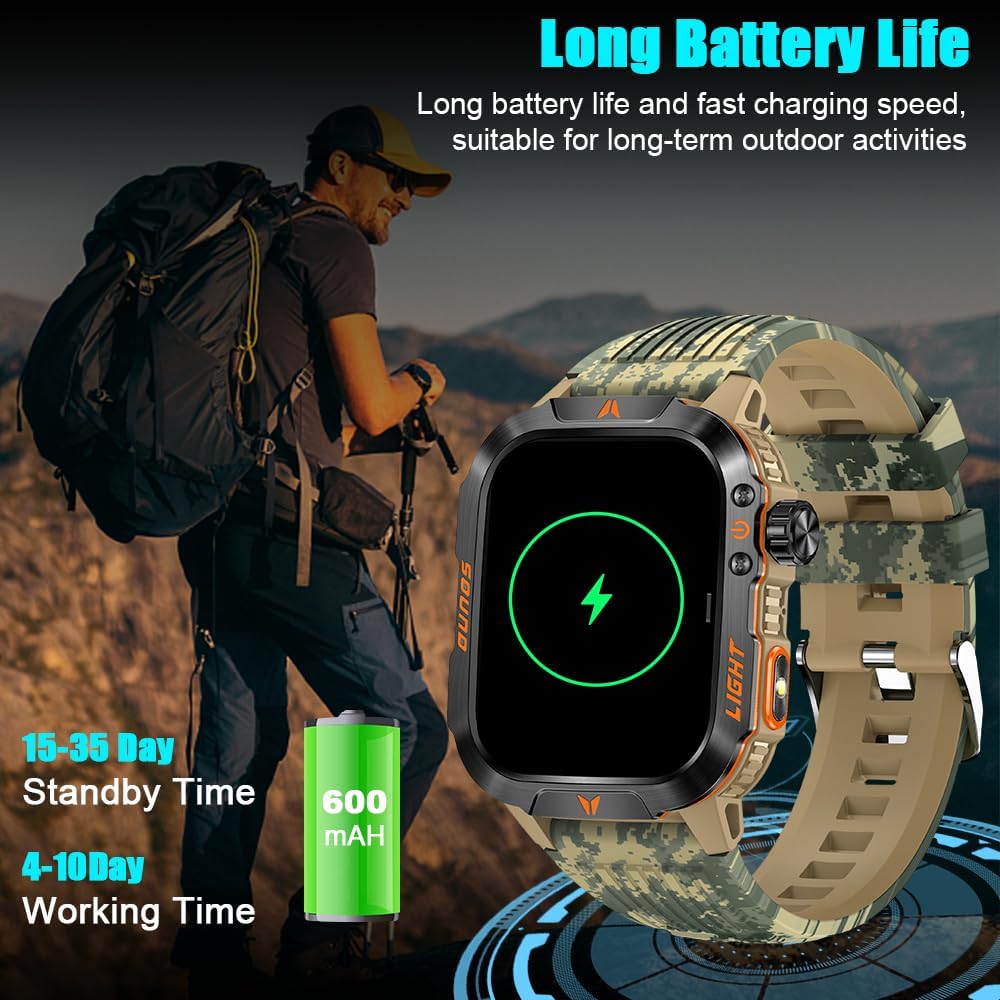 Military Outdoor Watch Altimeter Barometer Compass Tactical Smart Fitness Watch Heart Rate Sleep Monitor 100+ Sport Modes Fitness Available for Android and iOS (Camouflage Yellow)