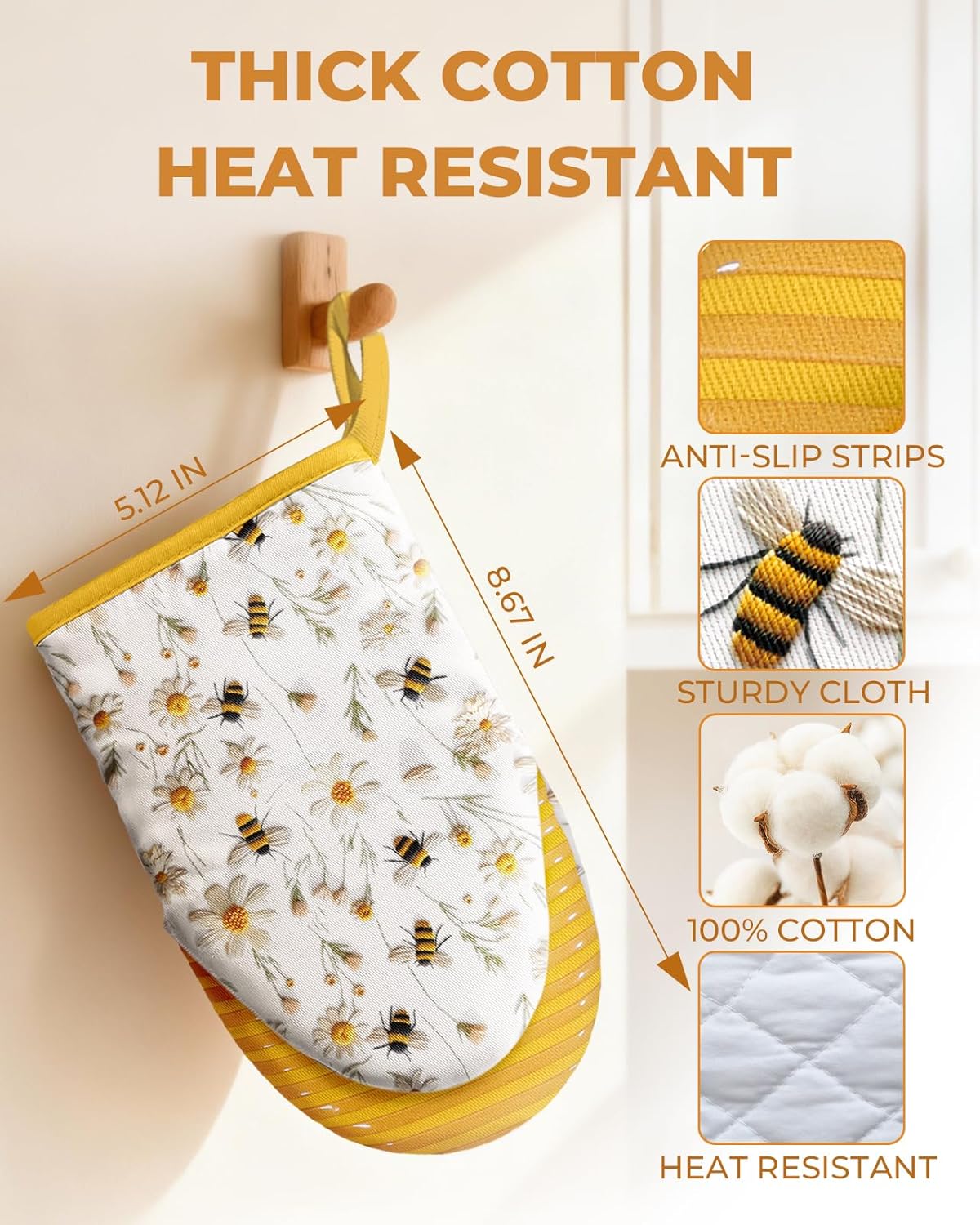 Bee Mini Oven Mitts Set – Yellow Extended Short Heat Resistant Kitchen Gloves for Women, 100% Cotton Oven Mitts with Silicone Grips, Non-Slip and Thick Durable for Cooking & Baking