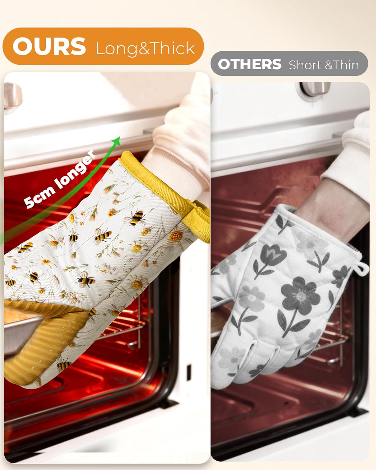 Bee Mini Oven Mitts Set – Yellow Extended Short Heat Resistant Kitchen Gloves for Women, 100% Cotton Oven Mitts with Silicone Grips, Non-Slip and Thick Durable for Cooking & Baking