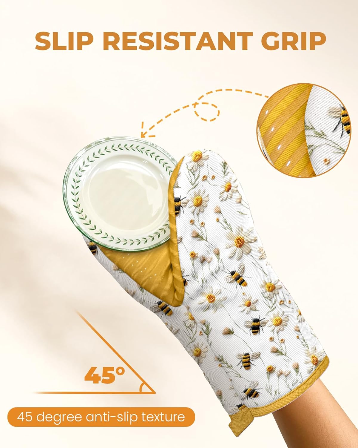 Bee Mini Oven Mitts Set – Yellow Extended Short Heat Resistant Kitchen Gloves for Women, 100% Cotton Oven Mitts with Silicone Grips, Non-Slip and Thick Durable for Cooking & Baking