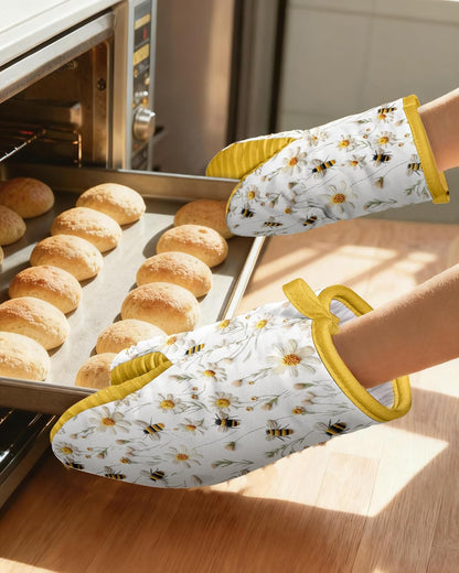 Bee Mini Oven Mitts Set – Yellow Extended Short Heat Resistant Kitchen Gloves for Women, 100% Cotton Oven Mitts with Silicone Grips, Non-Slip and Thick Durable for Cooking & Baking