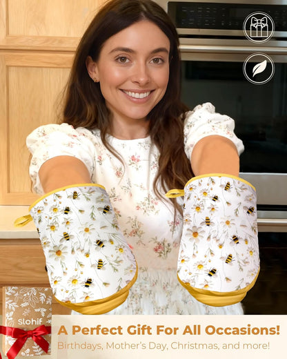 Bee Mini Oven Mitts Set – Yellow Extended Short Heat Resistant Kitchen Gloves for Women, 100% Cotton Oven Mitts with Silicone Grips, Non-Slip and Thick Durable for Cooking & Baking