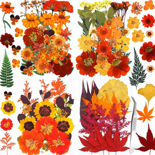 Fall Dried Pressed Flowers for Crafts, 103 PCS Real Dried Pressed Flowers Leaves Kit Autumn Pressed Dry Flower with Tweezers for Resin Molds DIY Scrapbooking Candle Jewelry Making (Orange, Yellow)