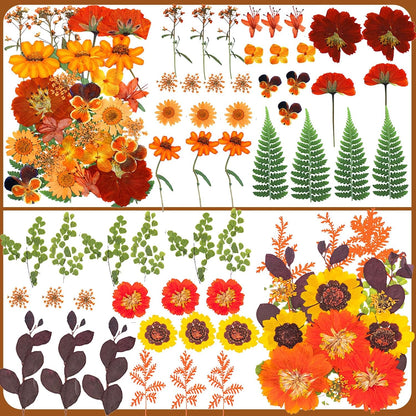Fall Dried Pressed Flowers for Crafts, 103 PCS Real Dried Pressed Flowers Leaves Kit Autumn Pressed Dry Flower with Tweezers for Resin Molds DIY Scrapbooking Candle Jewelry Making (Orange, Yellow)
