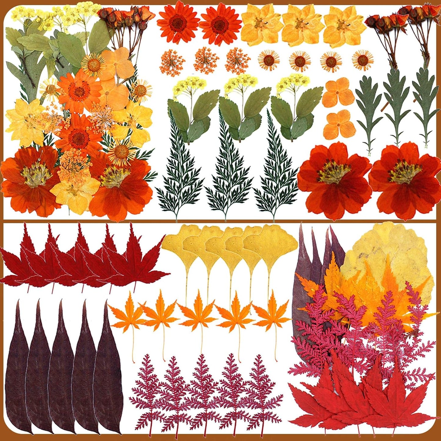 Fall Dried Pressed Flowers for Crafts, 103 PCS Real Dried Pressed Flowers Leaves Kit Autumn Pressed Dry Flower with Tweezers for Resin Molds DIY Scrapbooking Candle Jewelry Making (Orange, Yellow)