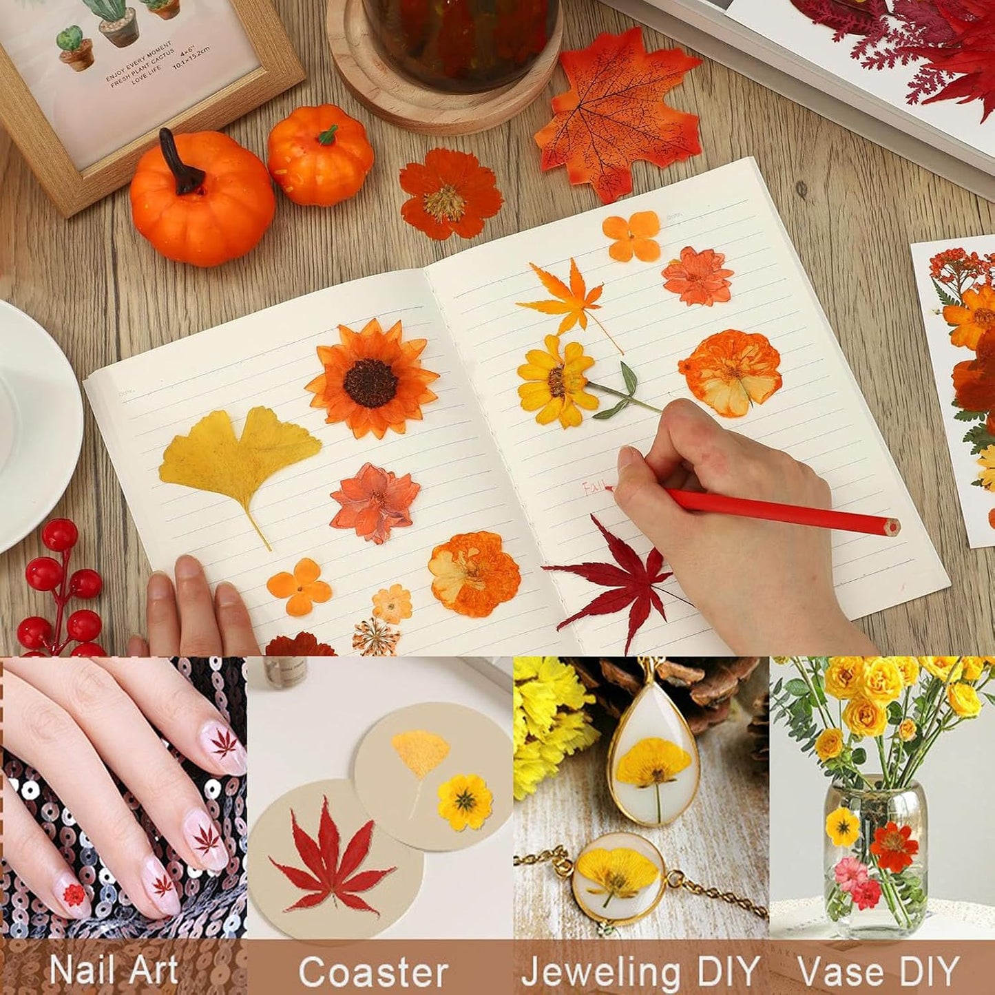 Fall Dried Pressed Flowers for Crafts, 103 PCS Real Dried Pressed Flowers Leaves Kit Autumn Pressed Dry Flower with Tweezers for Resin Molds DIY Scrapbooking Candle Jewelry Making (Orange, Yellow)