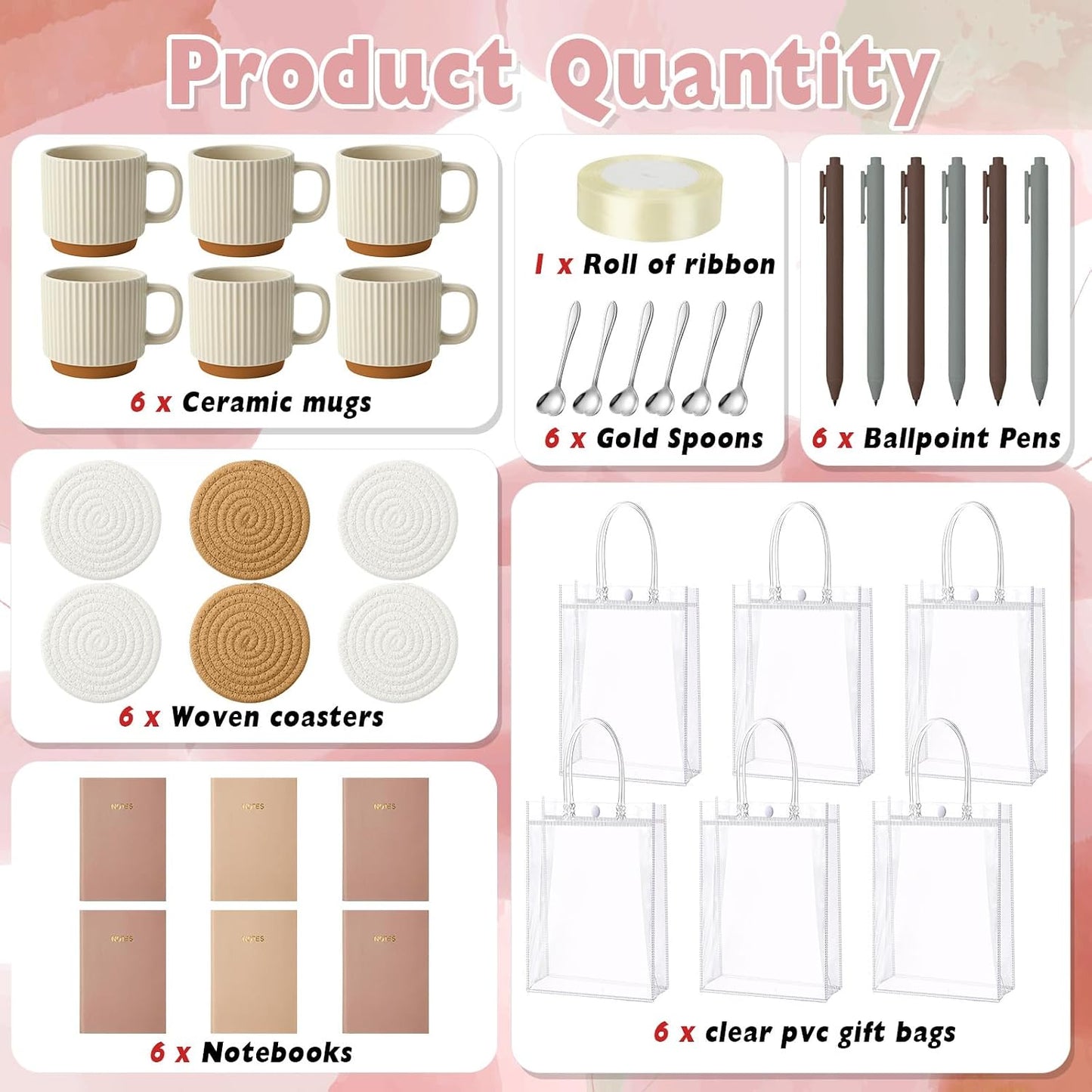 36 Pcs/6 Sets Baby Shower Prizes for Winners Include Ceramic Mugs with Spoons Woven Coasters Notebooks with Pens Clear PVC Gift Bags for Bridal Shower Party Favors (Yellow)