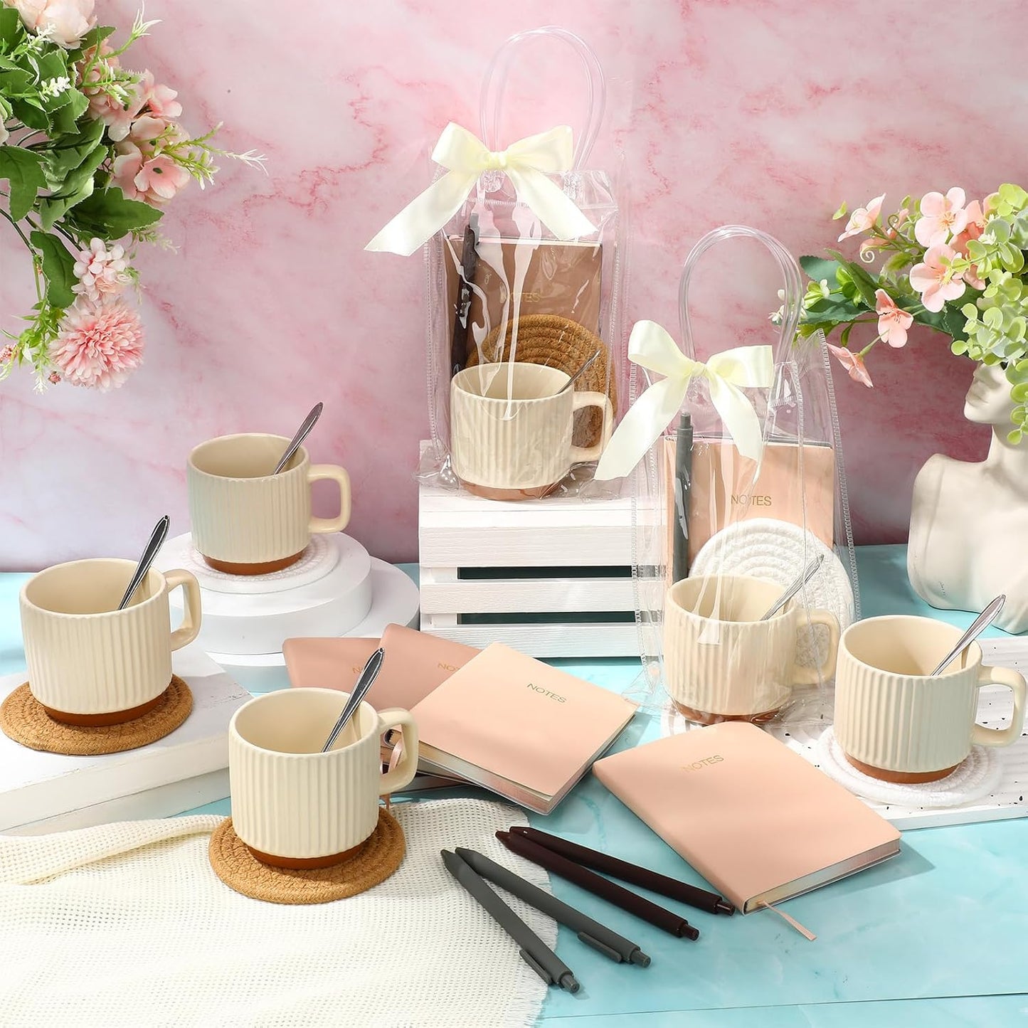 36 Pcs/6 Sets Baby Shower Prizes for Winners Include Ceramic Mugs with Spoons Woven Coasters Notebooks with Pens Clear PVC Gift Bags for Bridal Shower Party Favors (Yellow)