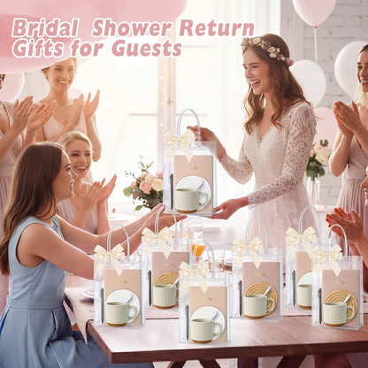 36 Pcs/6 Sets Baby Shower Prizes for Winners Include Ceramic Mugs with Spoons Woven Coasters Notebooks with Pens Clear PVC Gift Bags for Bridal Shower Party Favors (Yellow)