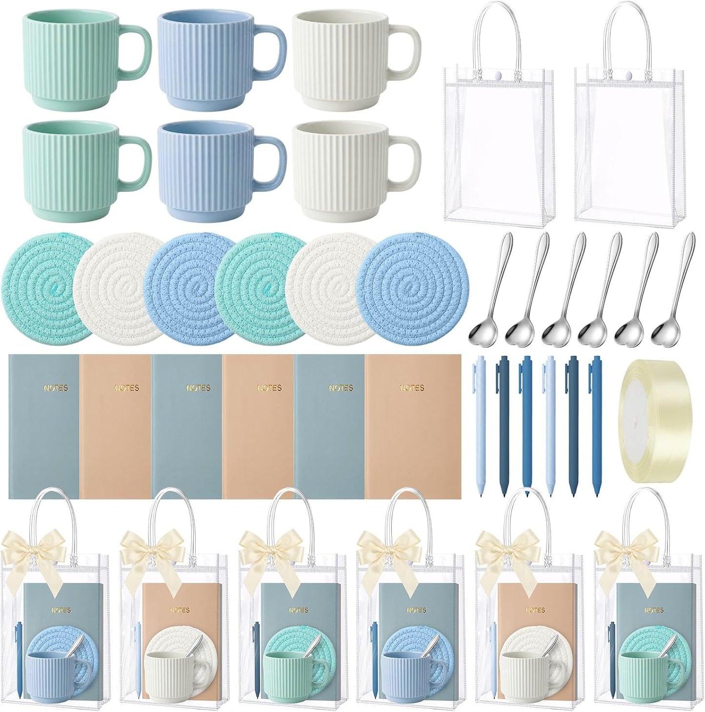 36 Pcs/6 Sets Baby Shower Prizes for Winners Include Ceramic Mugs with Spoons Woven Coasters Notebooks with Pens Clear PVC Gift Bags for Bridal Shower Party Favors (Yellow)