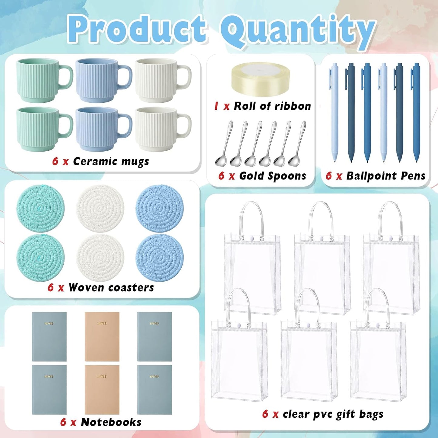 36 Pcs/6 Sets Baby Shower Prizes for Winners Include Ceramic Mugs with Spoons Woven Coasters Notebooks with Pens Clear PVC Gift Bags for Bridal Shower Party Favors (Yellow)