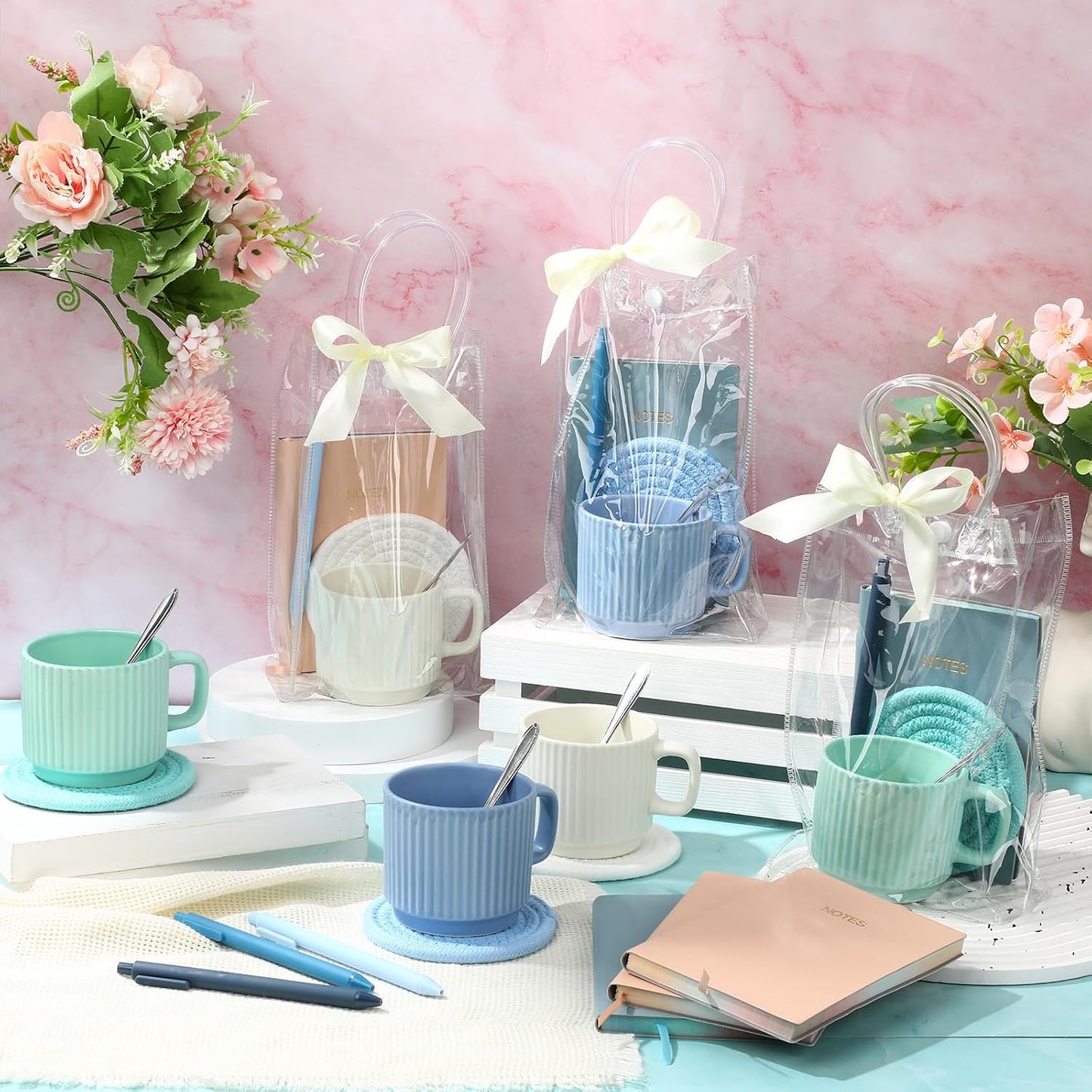 36 Pcs/6 Sets Baby Shower Prizes for Winners Include Ceramic Mugs with Spoons Woven Coasters Notebooks with Pens Clear PVC Gift Bags for Bridal Shower Party Favors (Yellow)