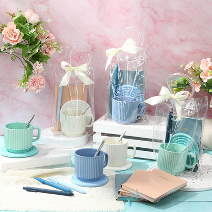 36 Pcs/6 Sets Baby Shower Prizes for Winners Include Ceramic Mugs with Spoons Woven Coasters Notebooks with Pens Clear PVC Gift Bags for Bridal Shower Party Favors (Yellow)