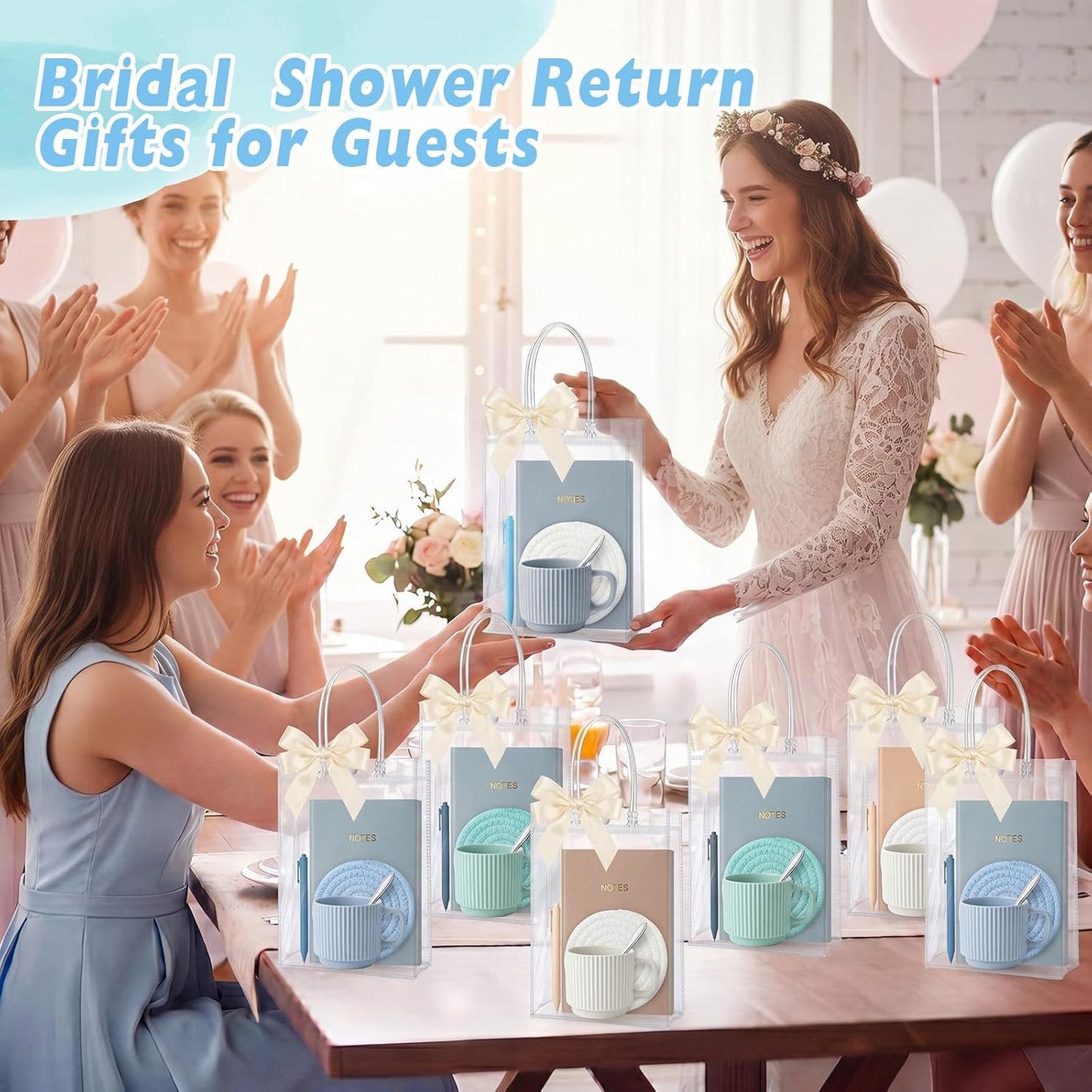 36 Pcs/6 Sets Baby Shower Prizes for Winners Include Ceramic Mugs with Spoons Woven Coasters Notebooks with Pens Clear PVC Gift Bags for Bridal Shower Party Favors (Yellow)