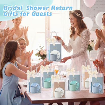 36 Pcs/6 Sets Baby Shower Prizes for Winners Include Ceramic Mugs with Spoons Woven Coasters Notebooks with Pens Clear PVC Gift Bags for Bridal Shower Party Favors (Yellow)