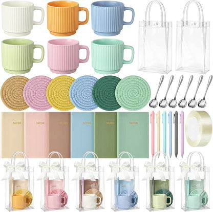36 Pcs/6 Sets Baby Shower Prizes for Winners Include Ceramic Mugs with Spoons Woven Coasters Notebooks with Pens Clear PVC Gift Bags for Bridal Shower Party Favors (Yellow)