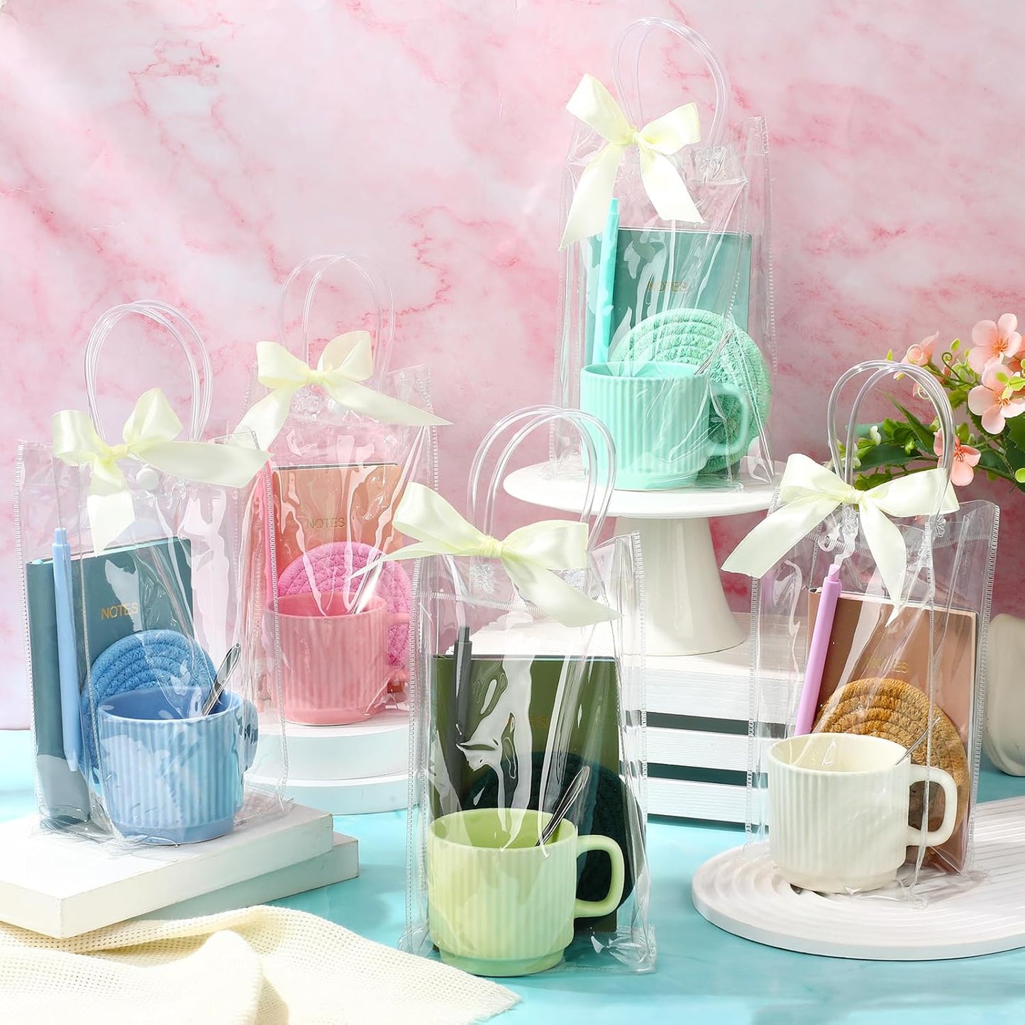 36 Pcs/6 Sets Baby Shower Prizes for Winners Include Ceramic Mugs with Spoons Woven Coasters Notebooks with Pens Clear PVC Gift Bags for Bridal Shower Party Favors (Yellow)