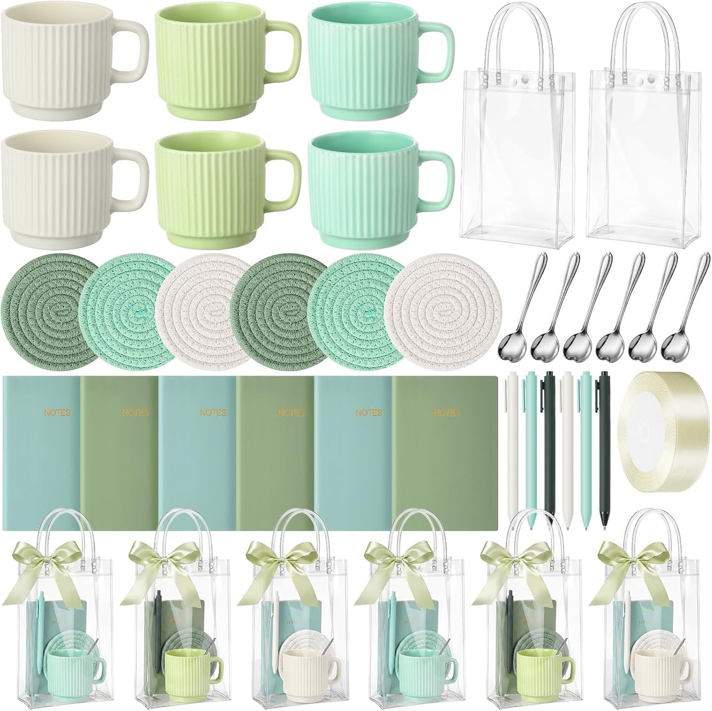 36 Pcs/6 Sets Baby Shower Prizes for Winners Include Ceramic Mugs with Spoons Woven Coasters Notebooks with Pens Clear PVC Gift Bags for Bridal Shower Party Favors (Yellow)