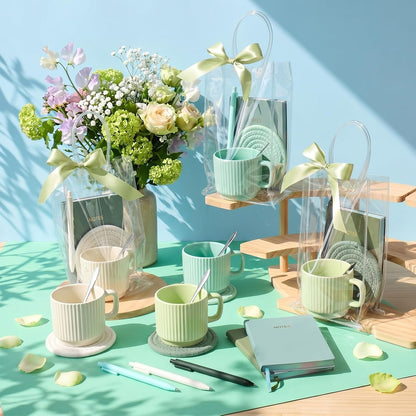36 Pcs/6 Sets Baby Shower Prizes for Winners Include Ceramic Mugs with Spoons Woven Coasters Notebooks with Pens Clear PVC Gift Bags for Bridal Shower Party Favors (Yellow)