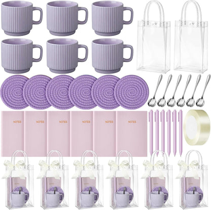 36 Pcs/6 Sets Baby Shower Prizes for Winners Include Ceramic Mugs with Spoons Woven Coasters Notebooks with Pens Clear PVC Gift Bags for Bridal Shower Party Favors (Yellow)
