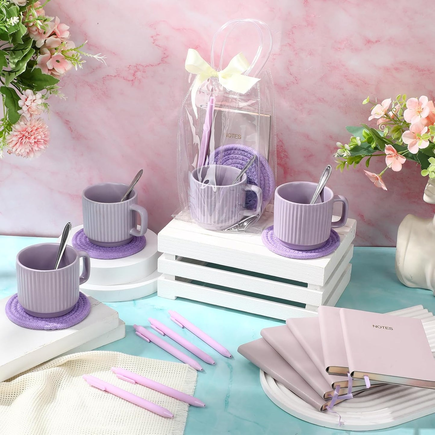 36 Pcs/6 Sets Baby Shower Prizes for Winners Include Ceramic Mugs with Spoons Woven Coasters Notebooks with Pens Clear PVC Gift Bags for Bridal Shower Party Favors (Yellow)