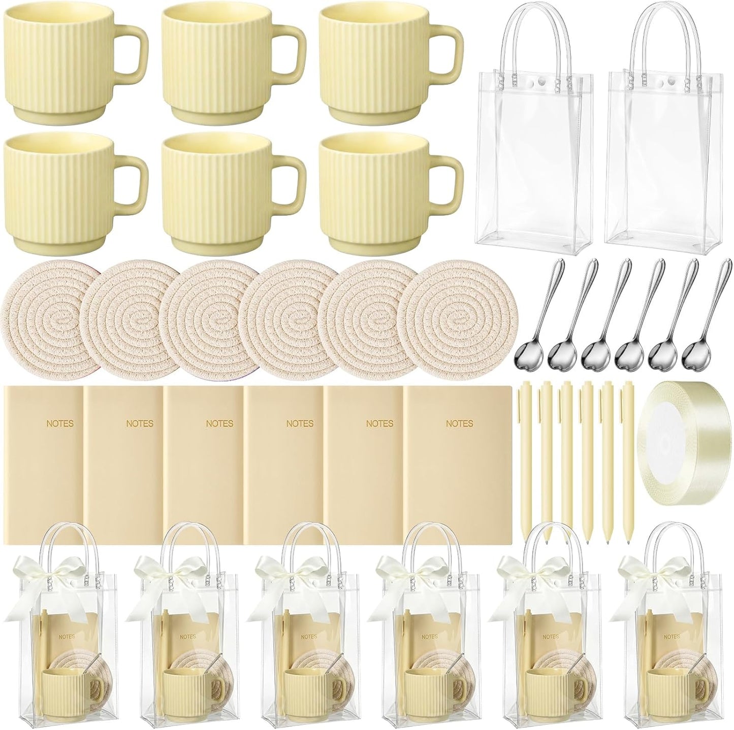 36 Pcs/6 Sets Baby Shower Prizes for Winners Include Ceramic Mugs with Spoons Woven Coasters Notebooks with Pens Clear PVC Gift Bags for Bridal Shower Party Favors (Yellow)