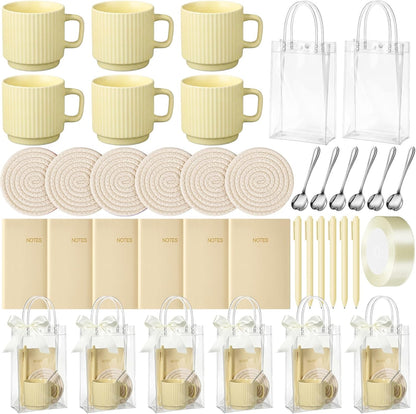 36 Pcs/6 Sets Baby Shower Prizes for Winners Include Ceramic Mugs with Spoons Woven Coasters Notebooks with Pens Clear PVC Gift Bags for Bridal Shower Party Favors (Yellow)