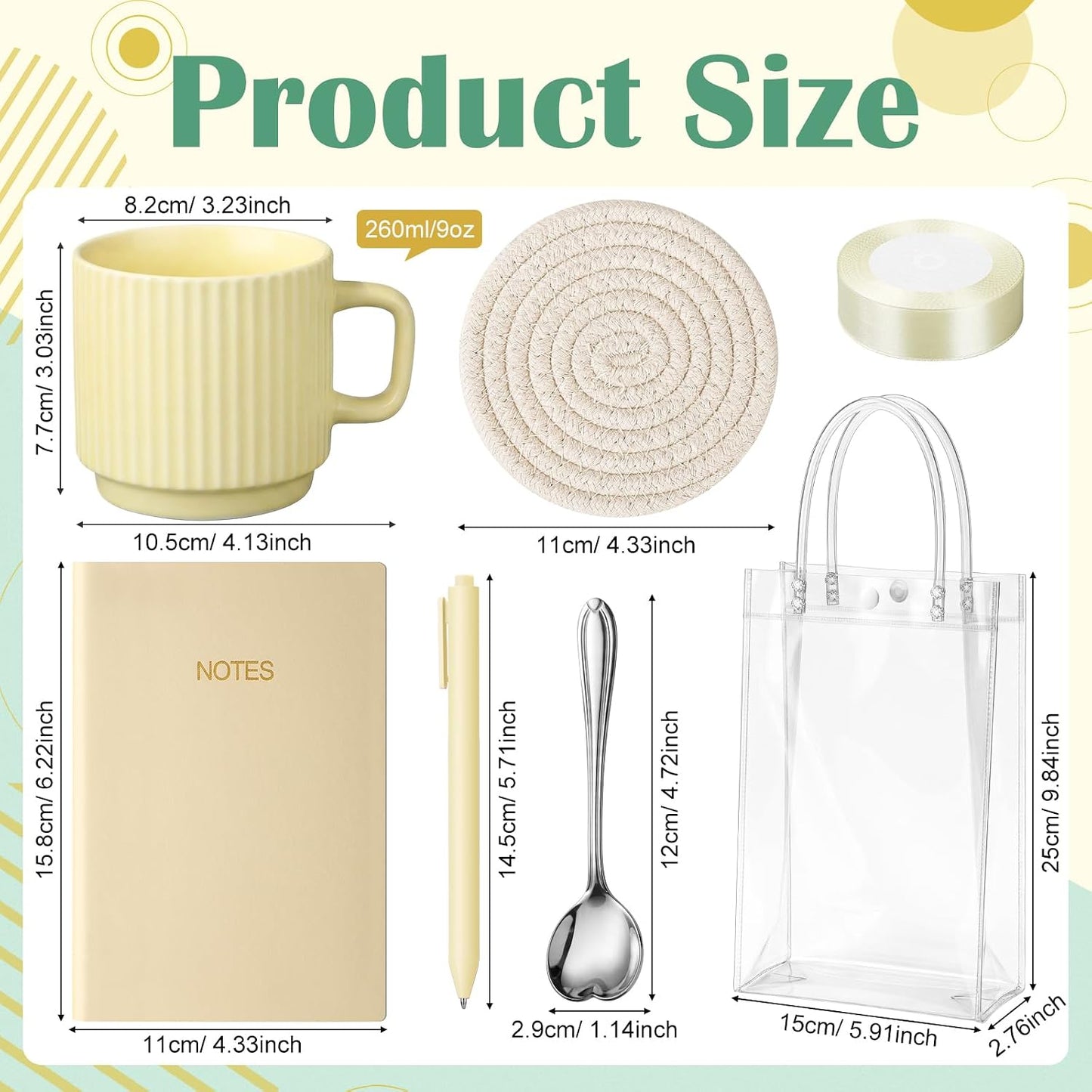 36 Pcs/6 Sets Baby Shower Prizes for Winners Include Ceramic Mugs with Spoons Woven Coasters Notebooks with Pens Clear PVC Gift Bags for Bridal Shower Party Favors (Yellow)